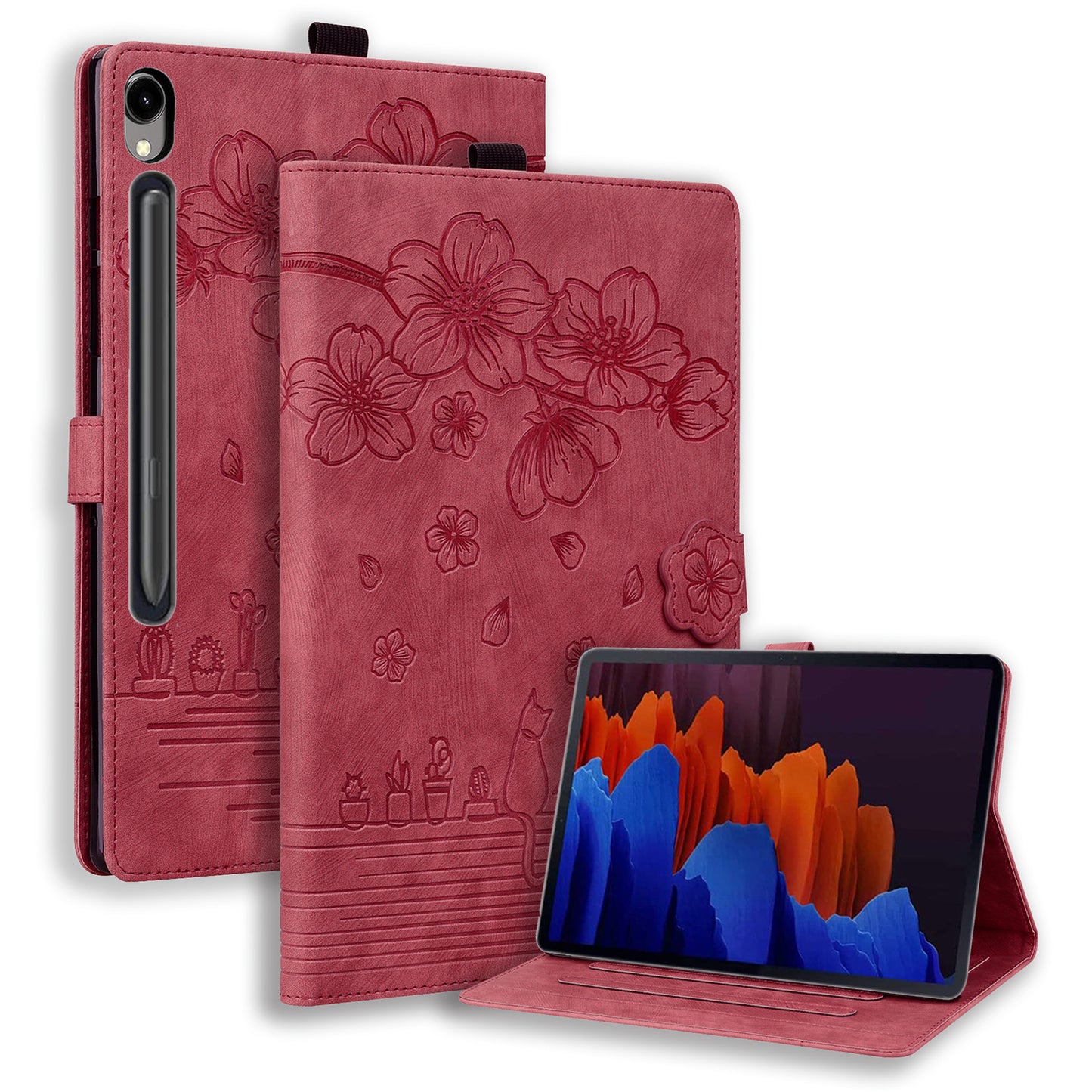 For Samsung Galaxy Tab S9 Card Holder Leather Anti-drop Cover Flower Cat Imprint Tablet Stand Case