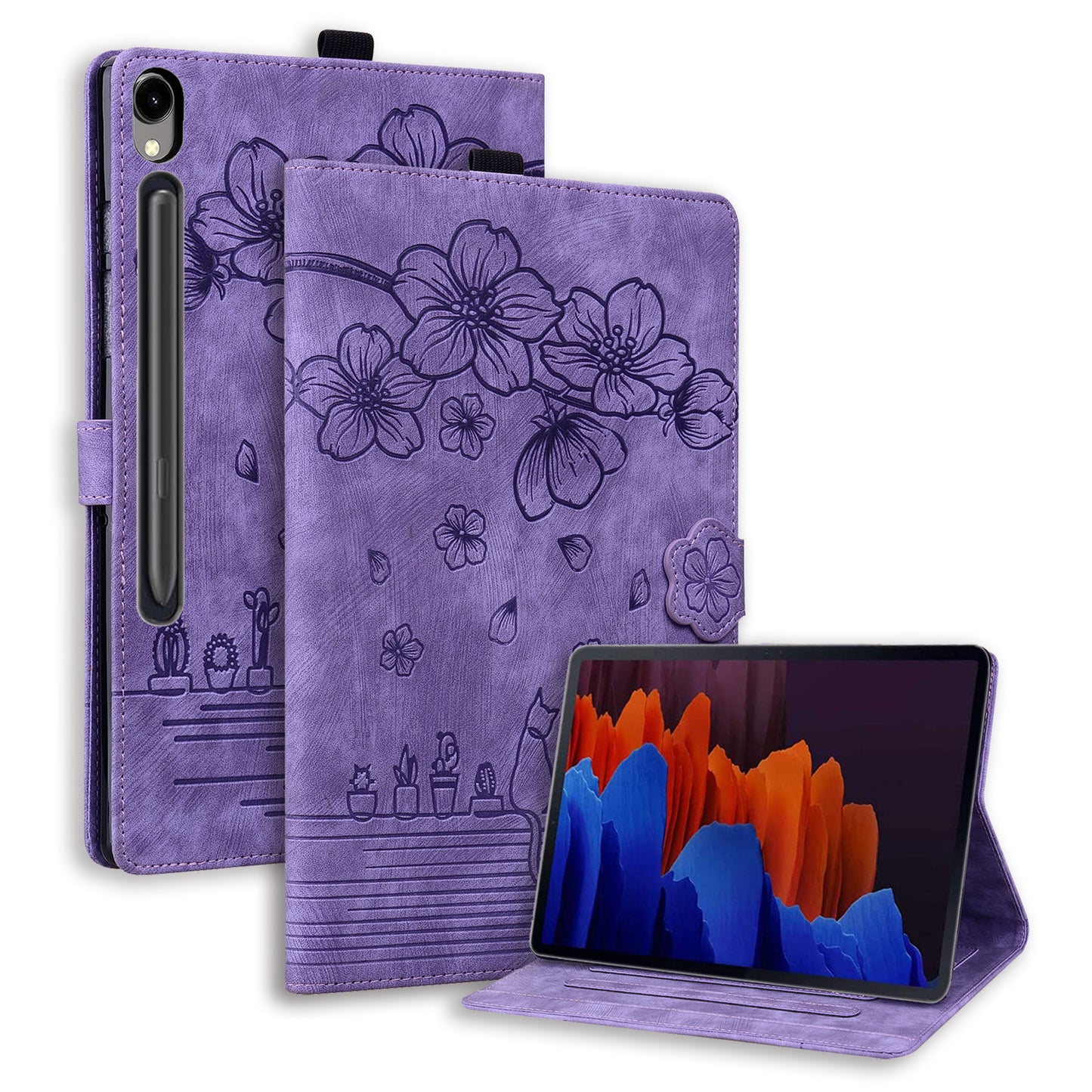 For Samsung Galaxy Tab S9 Card Holder Leather Anti-drop Cover Flower Cat Imprint Tablet Stand Case