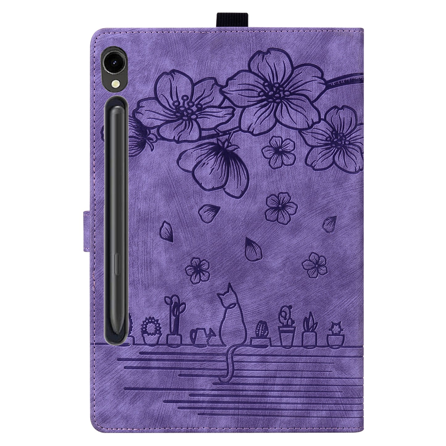 For Samsung Galaxy Tab S9 Card Holder Leather Anti-drop Cover Flower Cat Imprint Tablet Stand Case