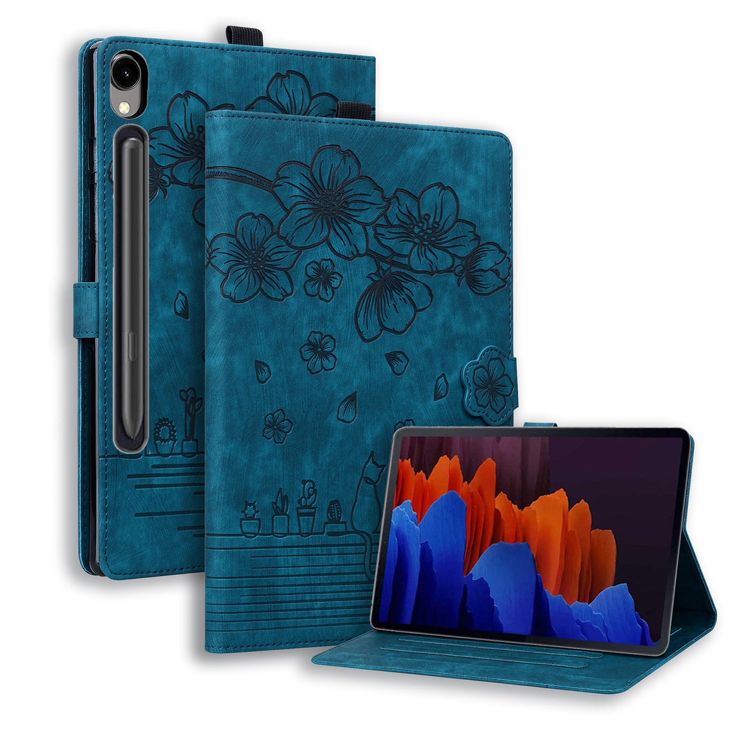 For Samsung Galaxy Tab S9 Card Holder Leather Anti-drop Cover Flower Cat Imprint Tablet Stand Case