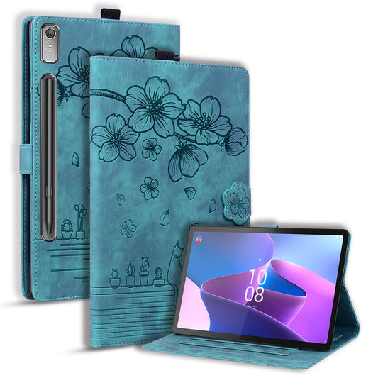 For Lenovo Tab P12 Card Slots PU Leather Tablet Stand Case Flower Cat Imprint Tablet Cover