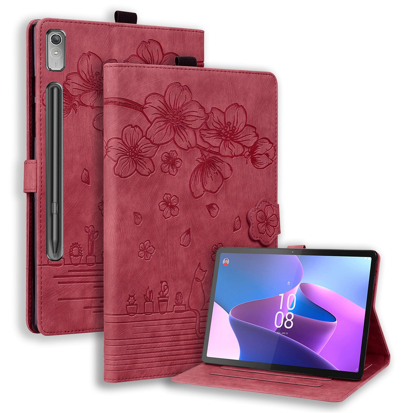 For Lenovo Tab P12 Card Slots PU Leather Tablet Stand Case Flower Cat Imprint Tablet Cover