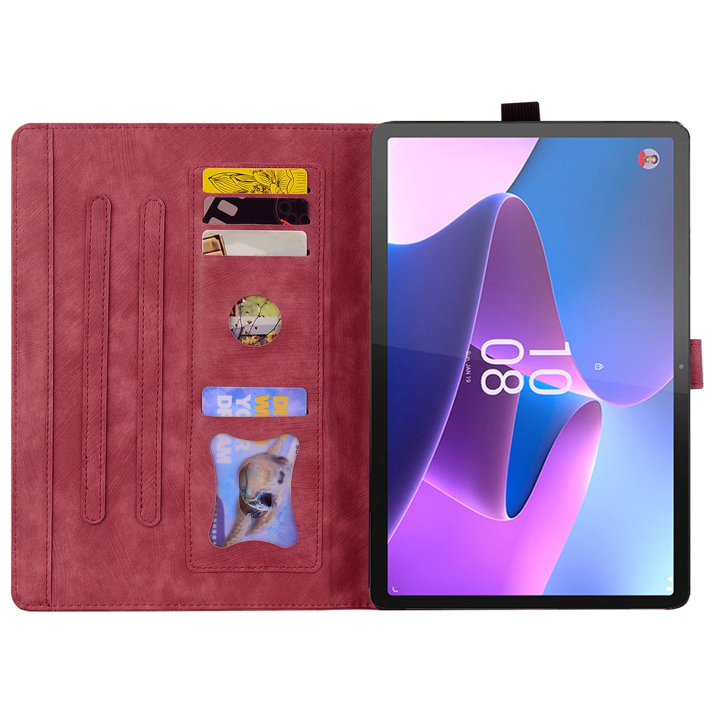 For Lenovo Tab P12 Card Slots PU Leather Tablet Stand Case Flower Cat Imprint Tablet Cover