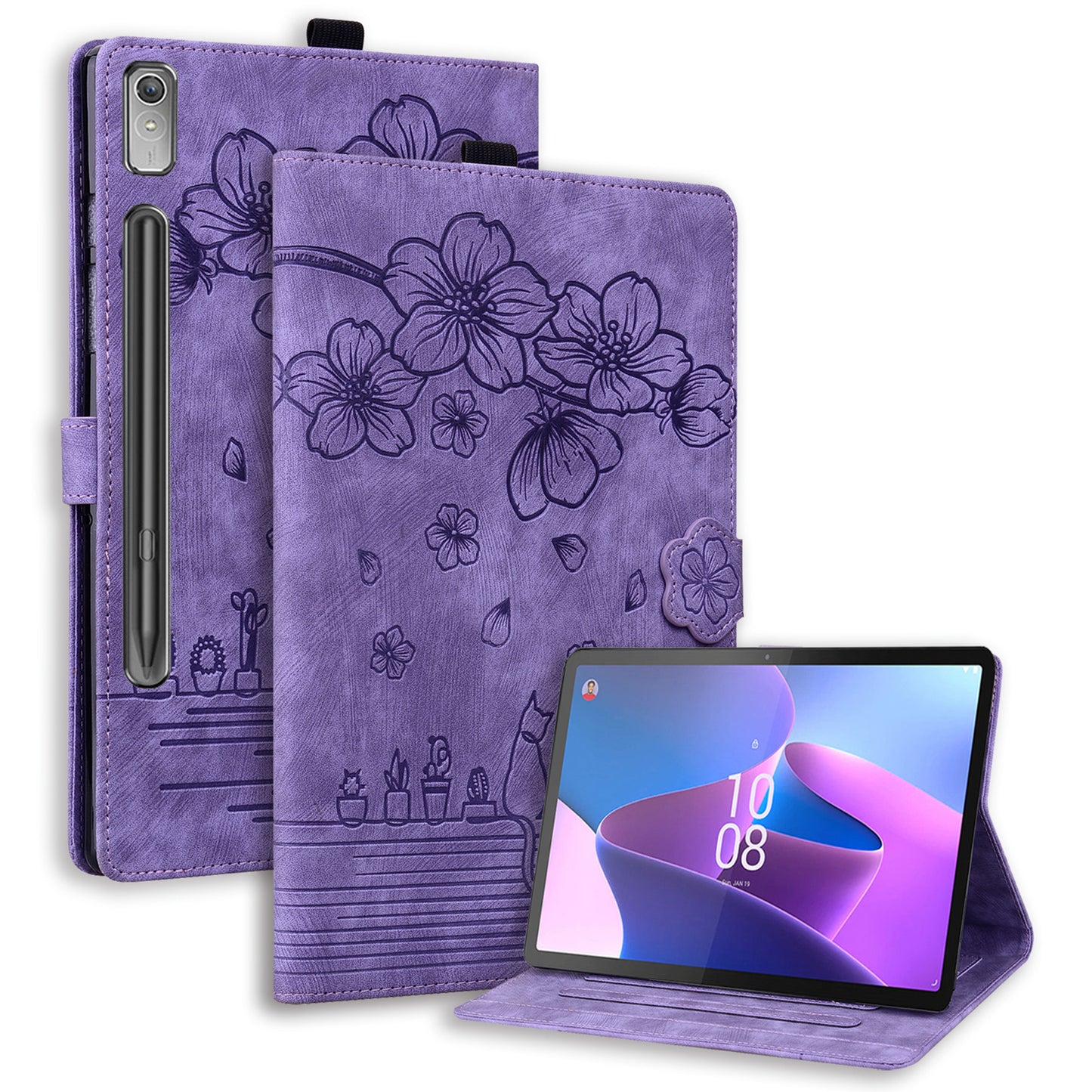 For Lenovo Tab P12 Card Slots PU Leather Tablet Stand Case Flower Cat Imprint Tablet Cover