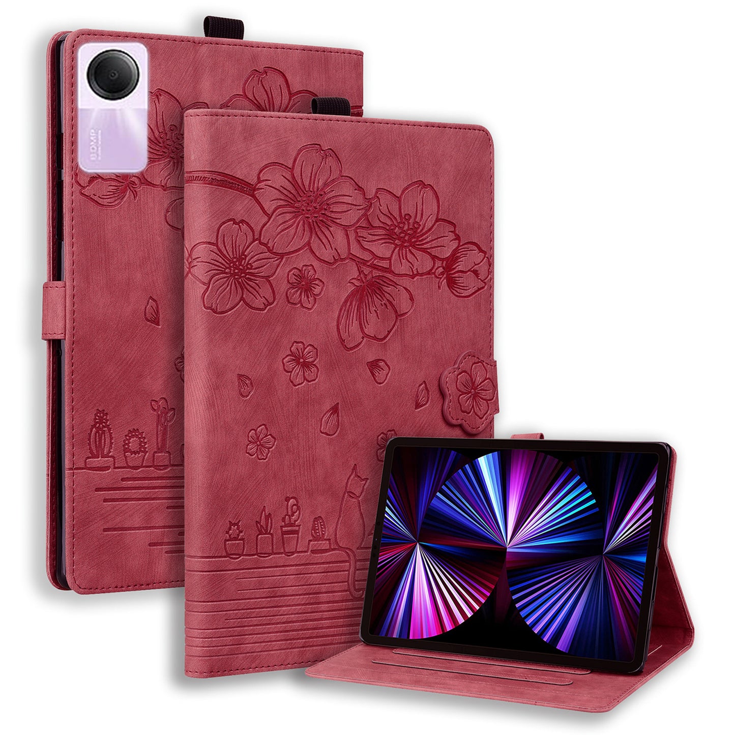 For Xiaomi Redmi Pad SE Tablet Leather Case Card Holder Flower Cat Imprint Stand Tablet Cover