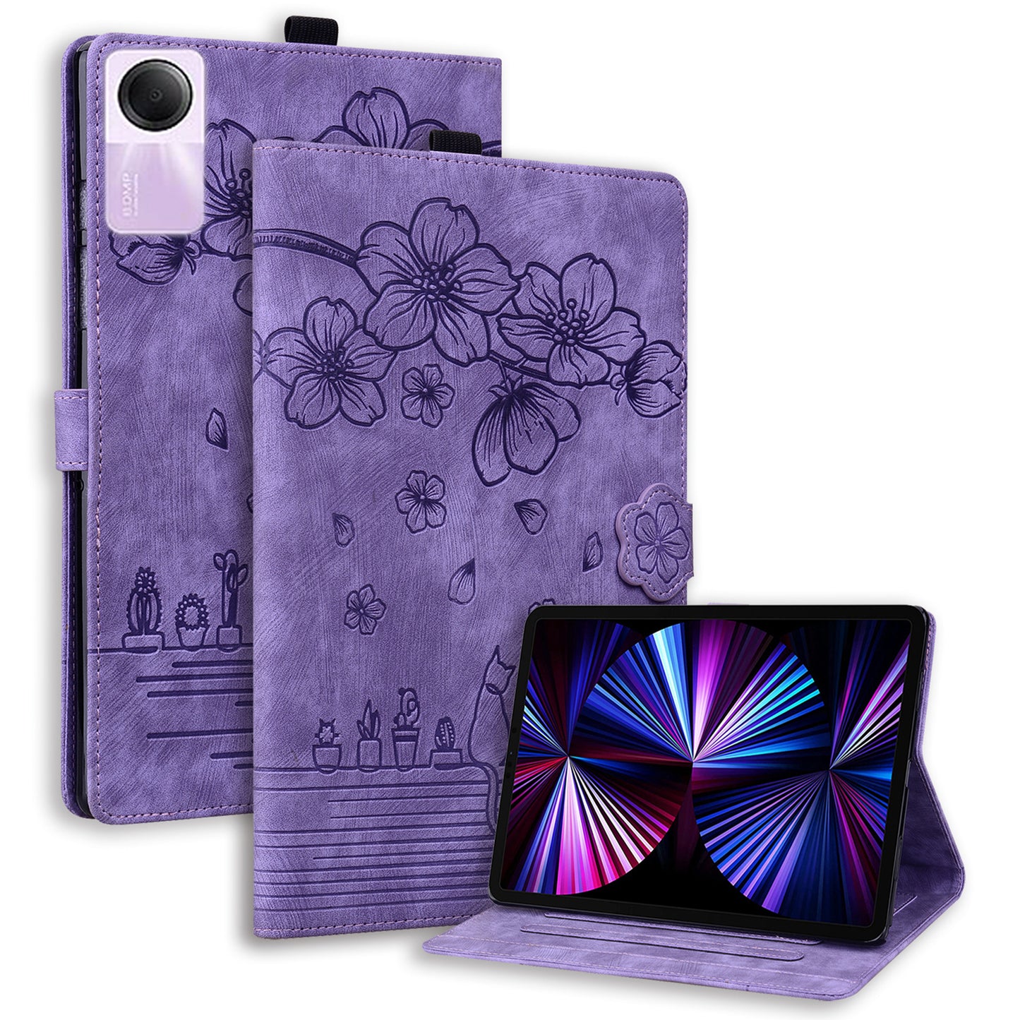 For Xiaomi Redmi Pad SE Tablet Leather Case Card Holder Flower Cat Imprint Stand Tablet Cover