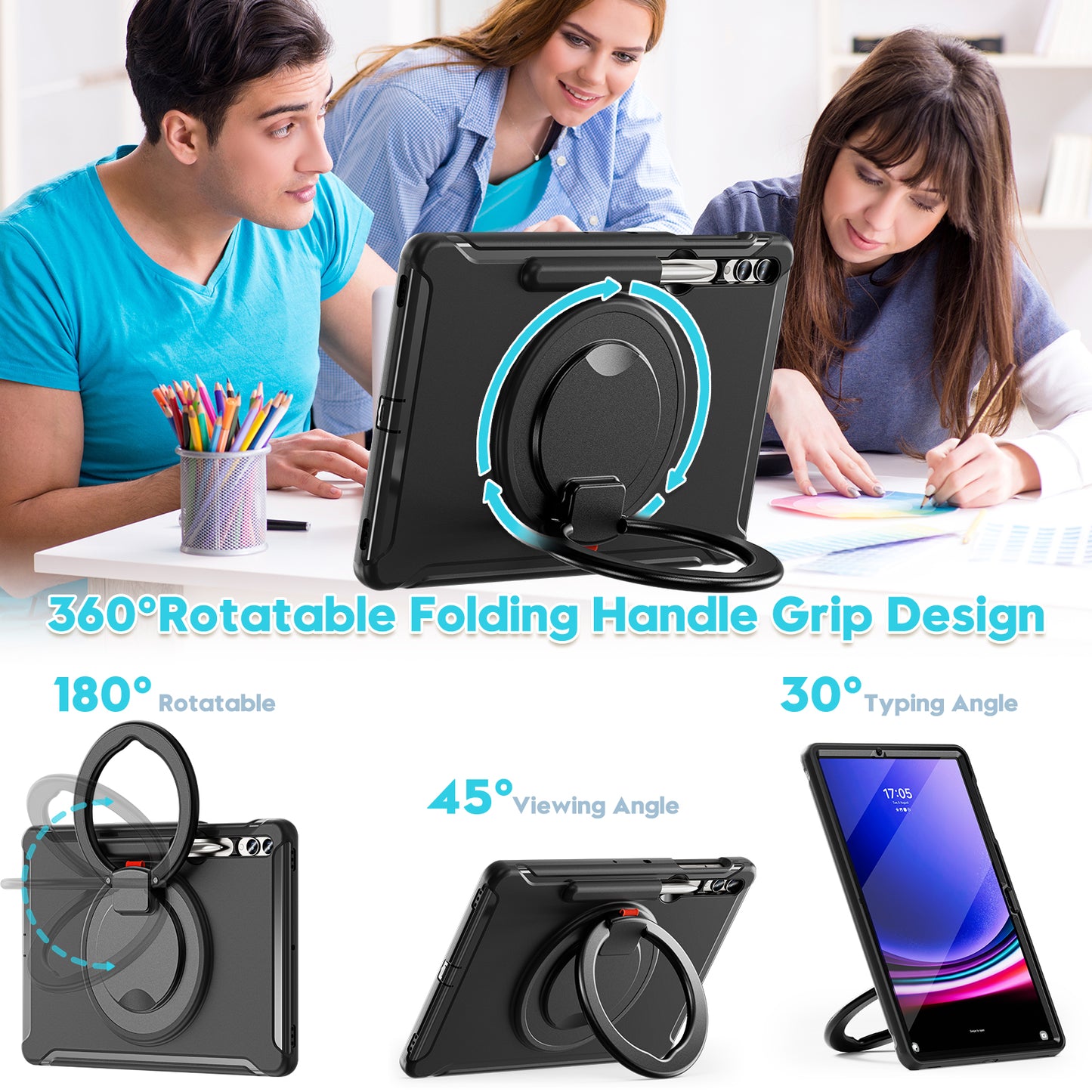 For Samsung Galaxy Tab S9 FE+ / S7+ T970 / Tab S7 FE T730 / Tab S8+ X800 / Tab S9+ X810 Case PC+TPU Rotating Kickstand Tablet Cover with Pen Holder