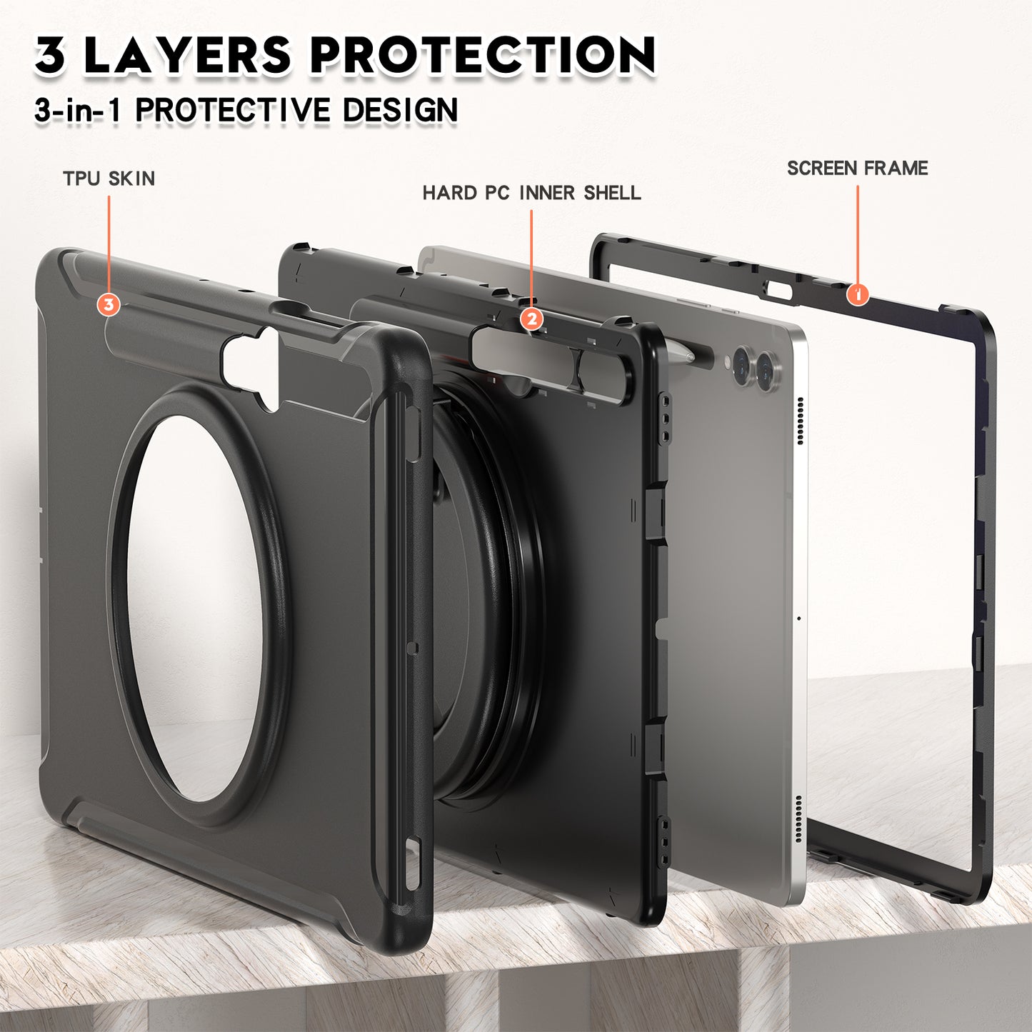 For Samsung Galaxy Tab S9 FE+ / S7+ T970 / Tab S7 FE T730 / Tab S8+ X800 / Tab S9+ X810 Case PC+TPU Rotating Kickstand Tablet Cover with Pen Holder
