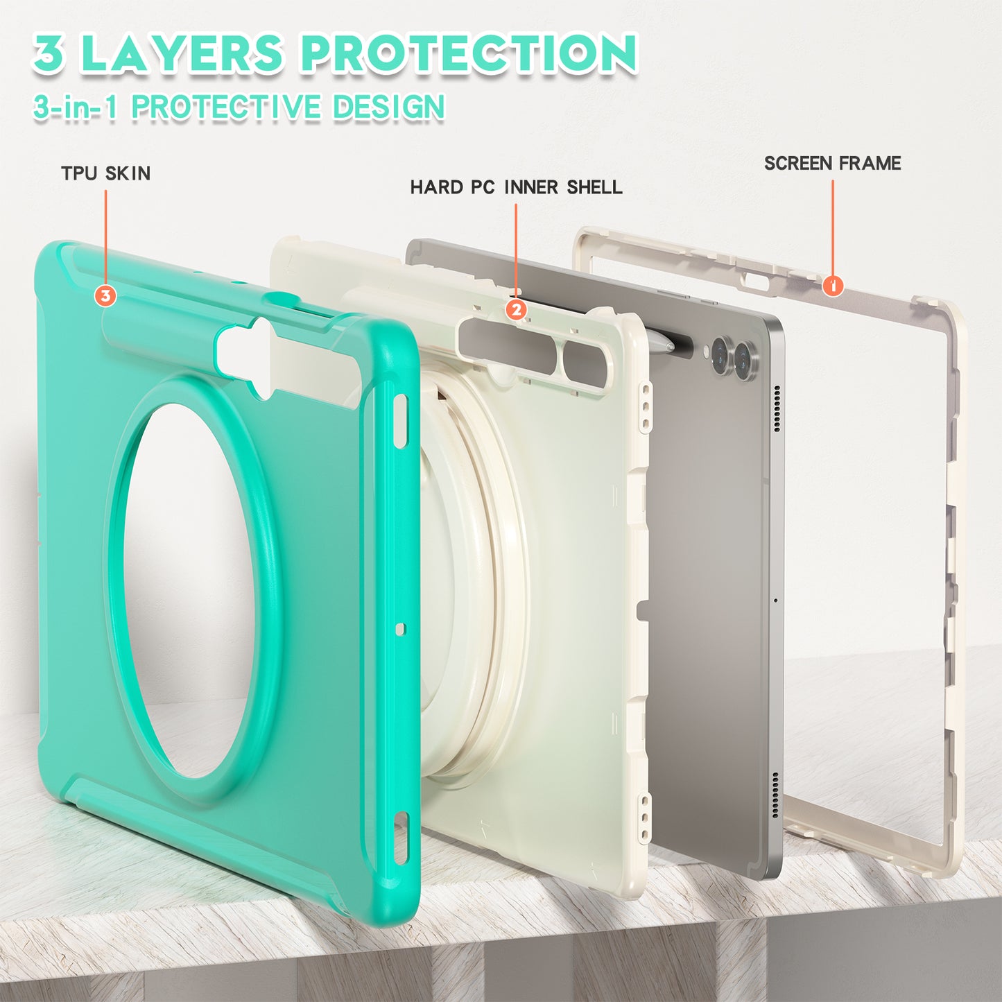 For Samsung Galaxy Tab S9 FE+ / S7+ T970 / Tab S7 FE T730 / Tab S8+ X800 / Tab S9+ X810 Case PC+TPU Rotating Kickstand Tablet Cover with Pen Holder
