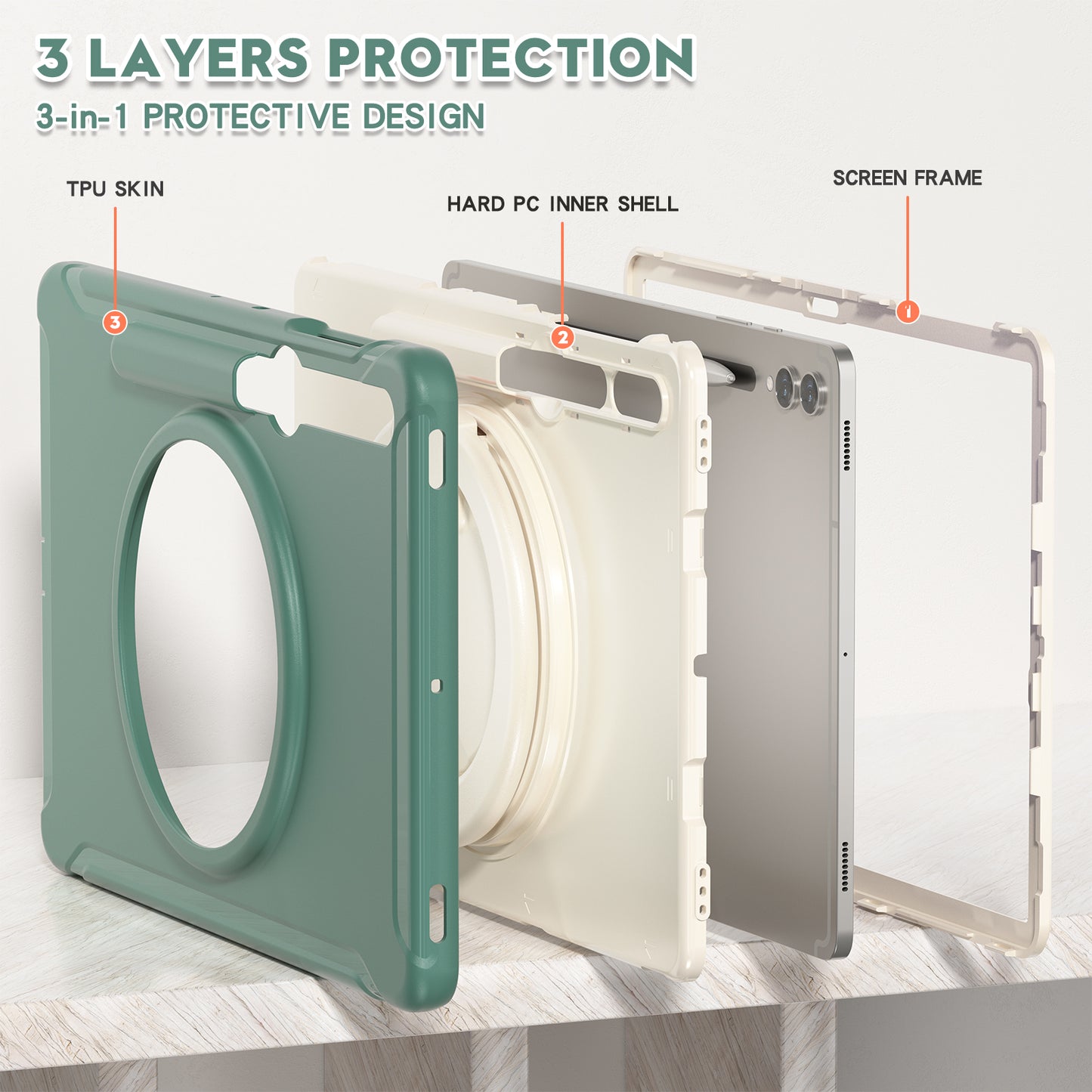 For Samsung Galaxy Tab S9 FE+ / S7+ T970 / Tab S7 FE T730 / Tab S8+ X800 / Tab S9+ X810 Case PC+TPU Rotating Kickstand Tablet Cover with Pen Holder