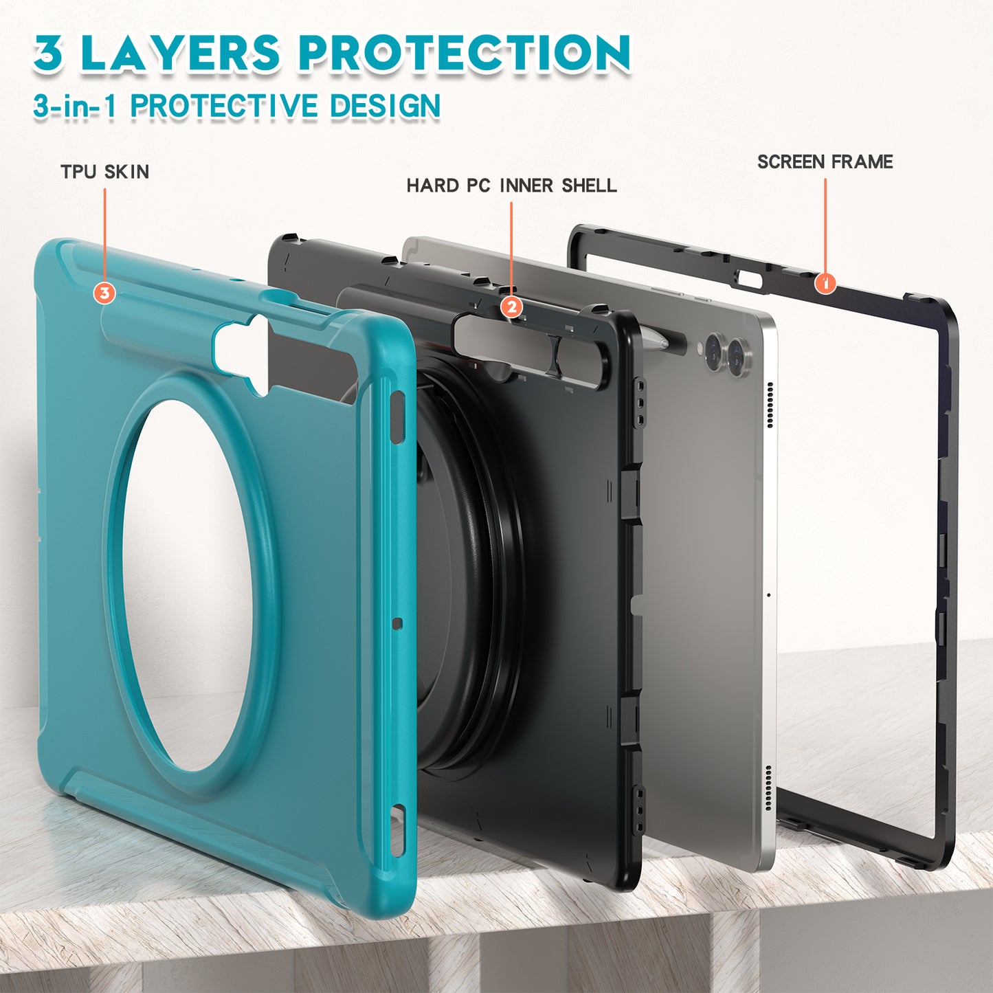 For Samsung Galaxy Tab S9 FE+ / S7+ T970 / Tab S7 FE T730 / Tab S8+ X800 / Tab S9+ X810 Case PC+TPU Rotating Kickstand Tablet Cover with Pen Holder