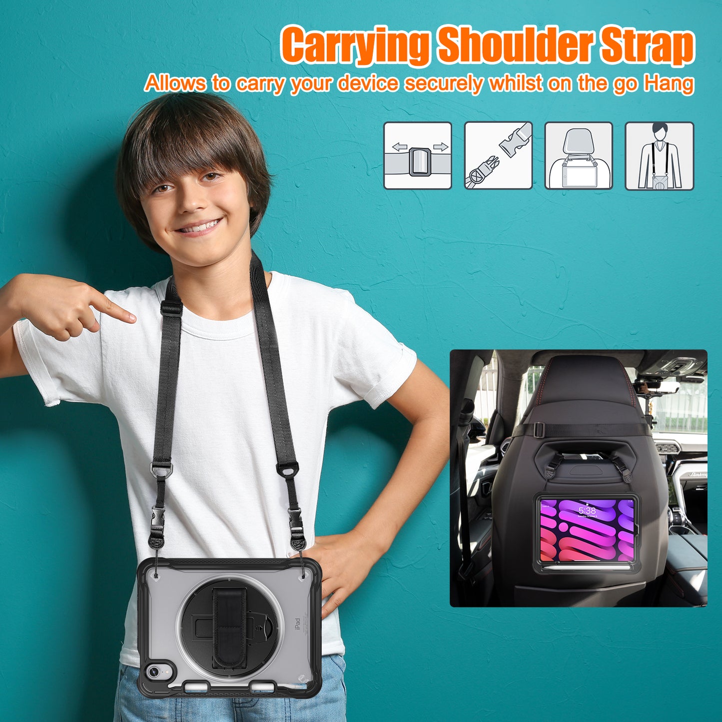 For iPad mini (2021) Tablet Case PC+TPU Kickstand Cover with Shoulder Strap / Hand Strap