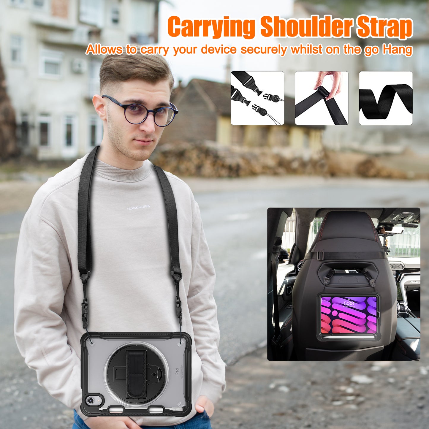 For iPad mini (2021) Tablet Case PC+TPU Kickstand Cover with Shoulder Strap / Hand Strap
