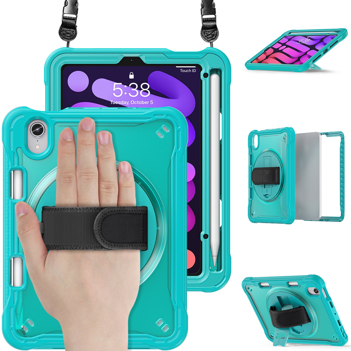 For iPad mini (2021) Tablet Case PC+TPU Kickstand Cover with Shoulder Strap / Hand Strap