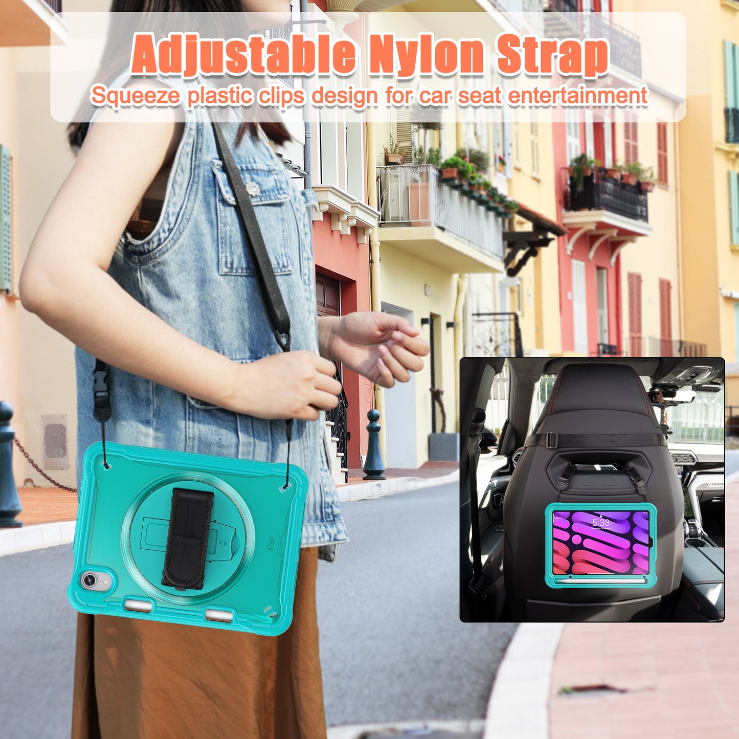 For iPad mini (2021) Tablet Case PC+TPU Kickstand Cover with Shoulder Strap / Hand Strap
