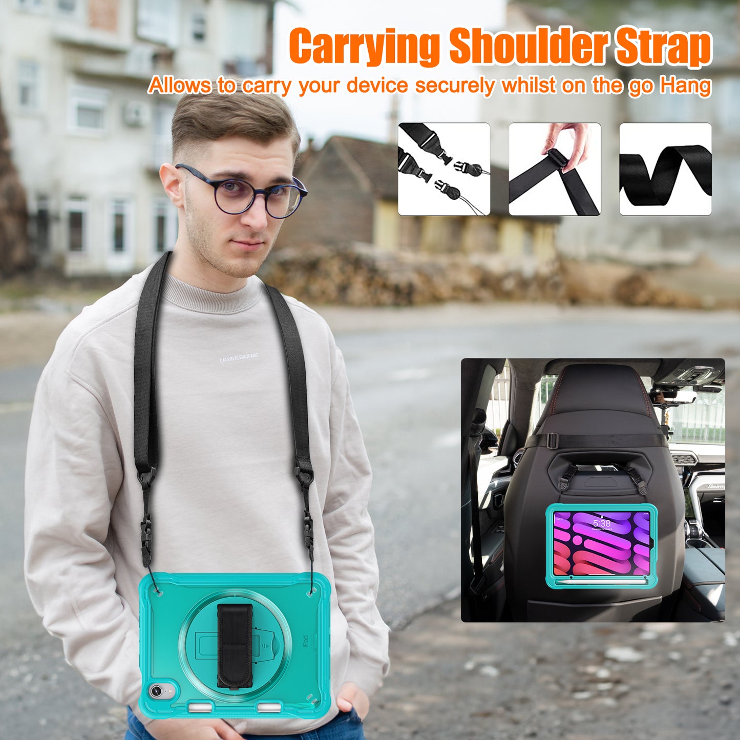 For iPad mini (2021) Tablet Case PC+TPU Kickstand Cover with Shoulder Strap / Hand Strap