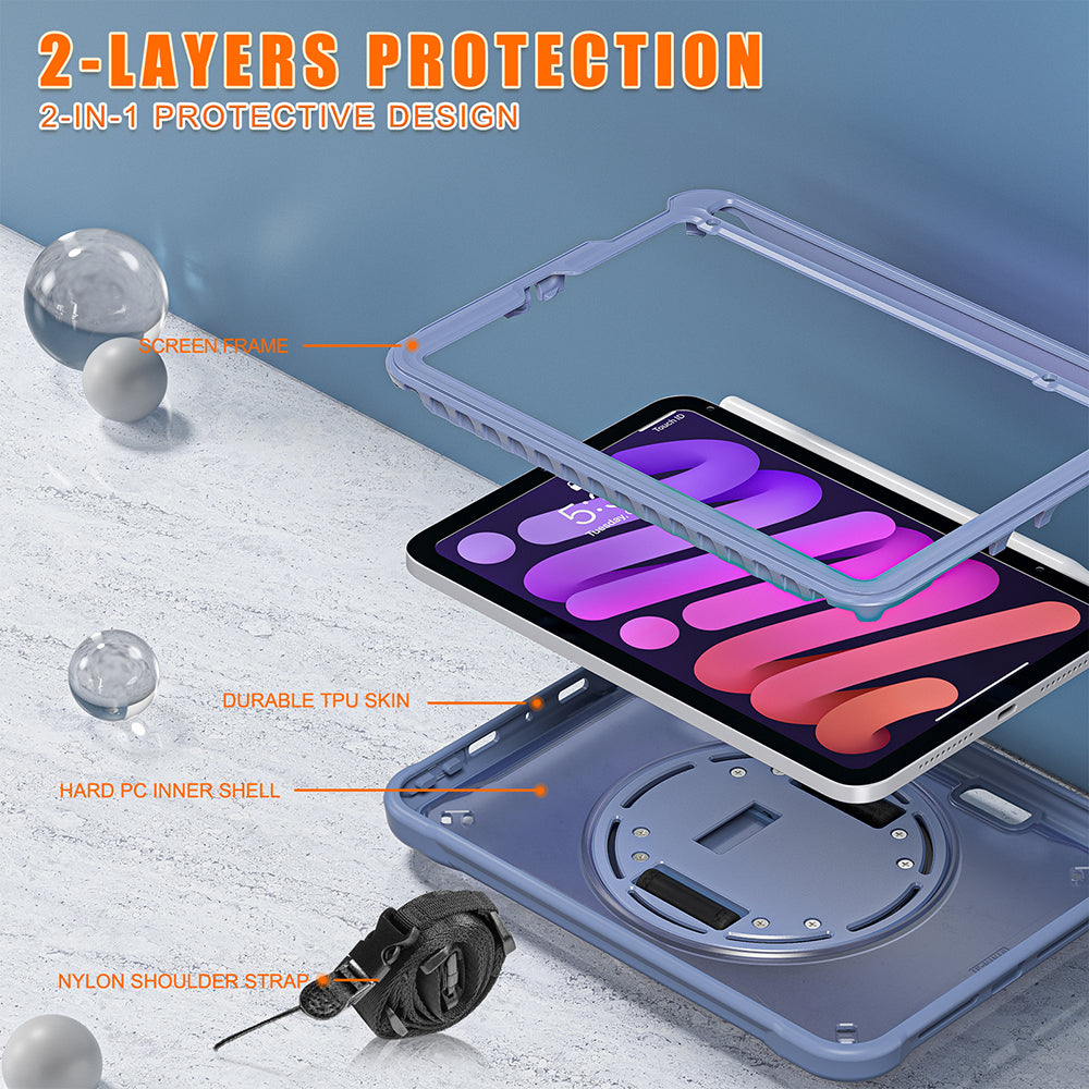 For iPad mini (2021) Tablet Case PC+TPU Kickstand Cover with Shoulder Strap / Hand Strap