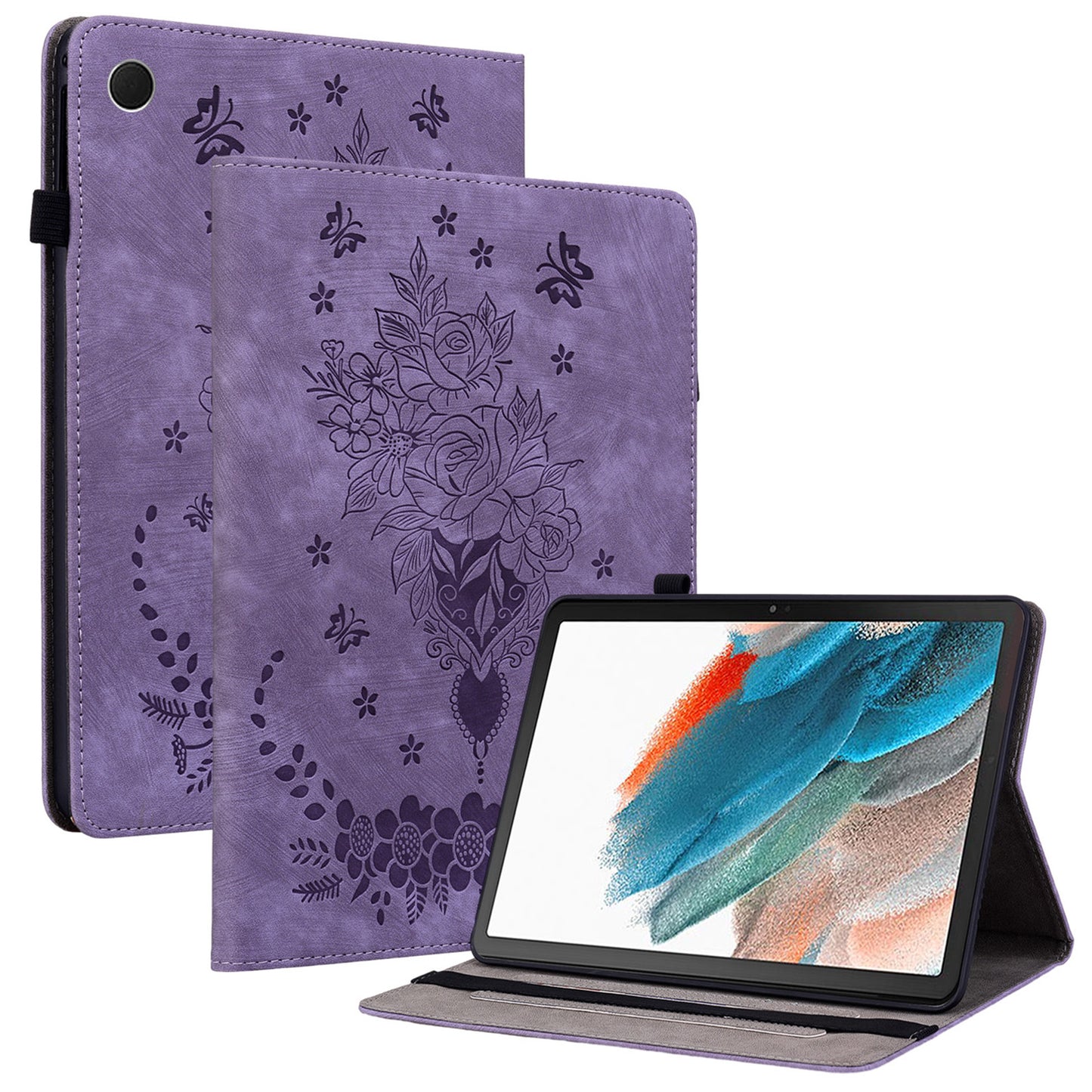 For Samsung Galaxy Tab A9 PU Leather Cover Butterfly Rose Imprint Card Holder Tablet Case