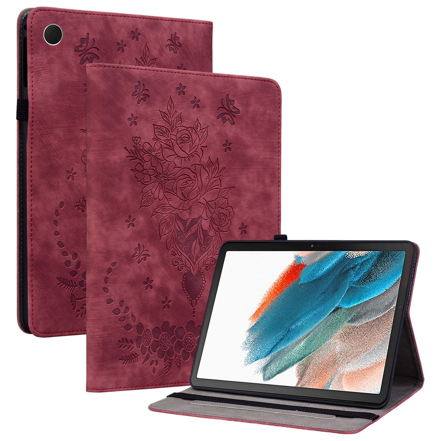 For Samsung Galaxy Tab A9 PU Leather Cover Butterfly Rose Imprint Card Holder Tablet Case