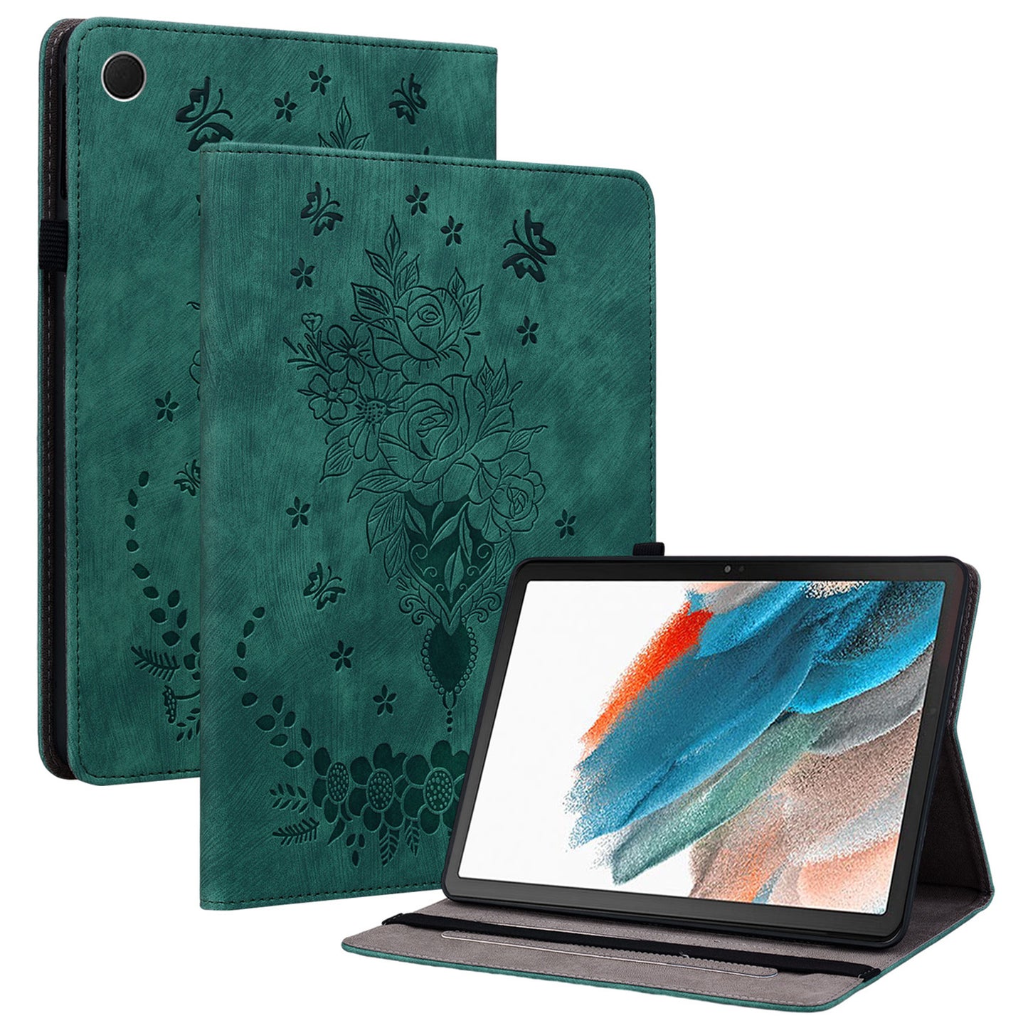 For Samsung Galaxy Tab A9 PU Leather Cover Butterfly Rose Imprint Card Holder Tablet Case