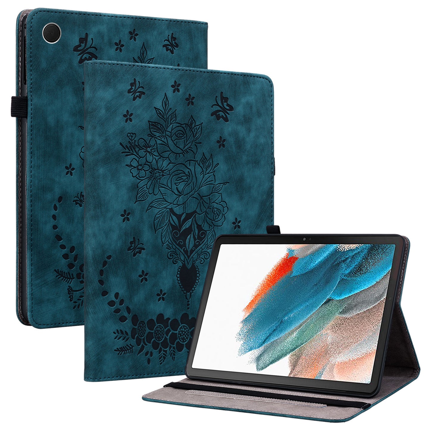 For Samsung Galaxy Tab A9 PU Leather Cover Butterfly Rose Imprint Card Holder Tablet Case