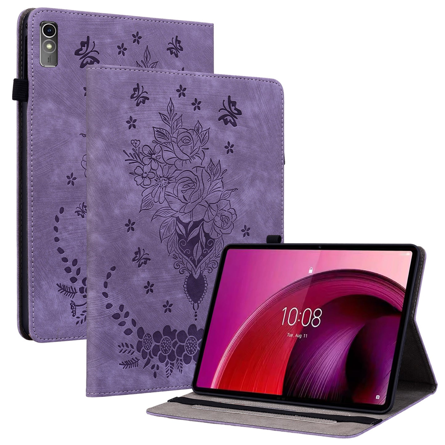 For Lenovo Tab M10 5G Leather Cover Butterfly Rose Imprinted Tablet Stand Case
