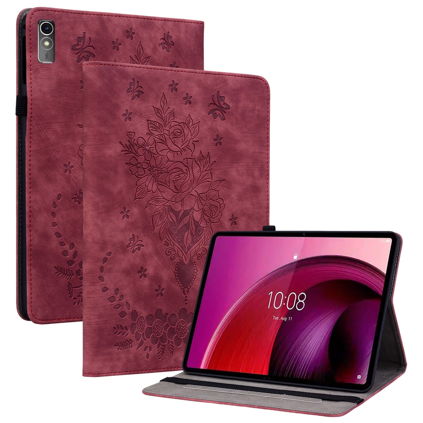 For Lenovo Tab M10 5G Leather Cover Butterfly Rose Imprinted Tablet Stand Case
