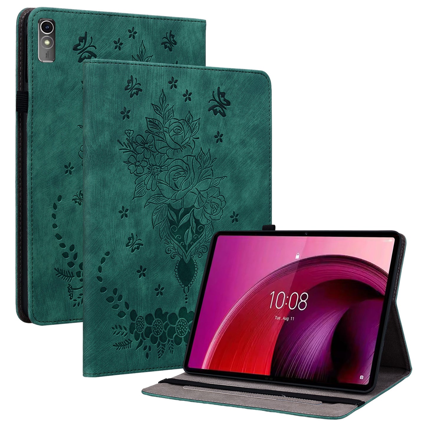 For Lenovo Tab M10 5G Leather Cover Butterfly Rose Imprinted Tablet Stand Case