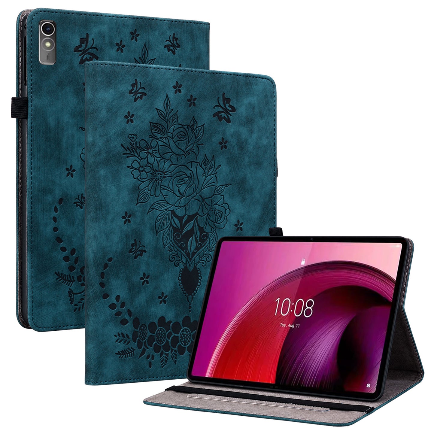 For Lenovo Tab M10 5G Leather Cover Butterfly Rose Imprinted Tablet Stand Case