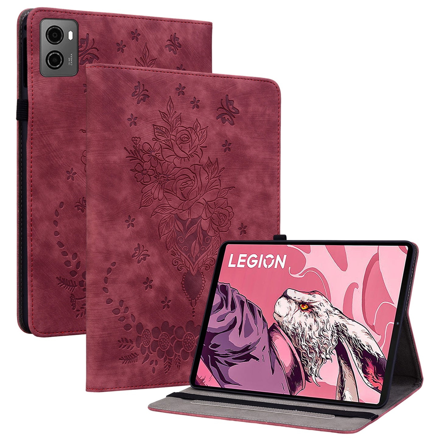 For Lenovo Legion Y700 (2023) Leather Case Butterfly Rose Imprint Card Slots Tablet Cover