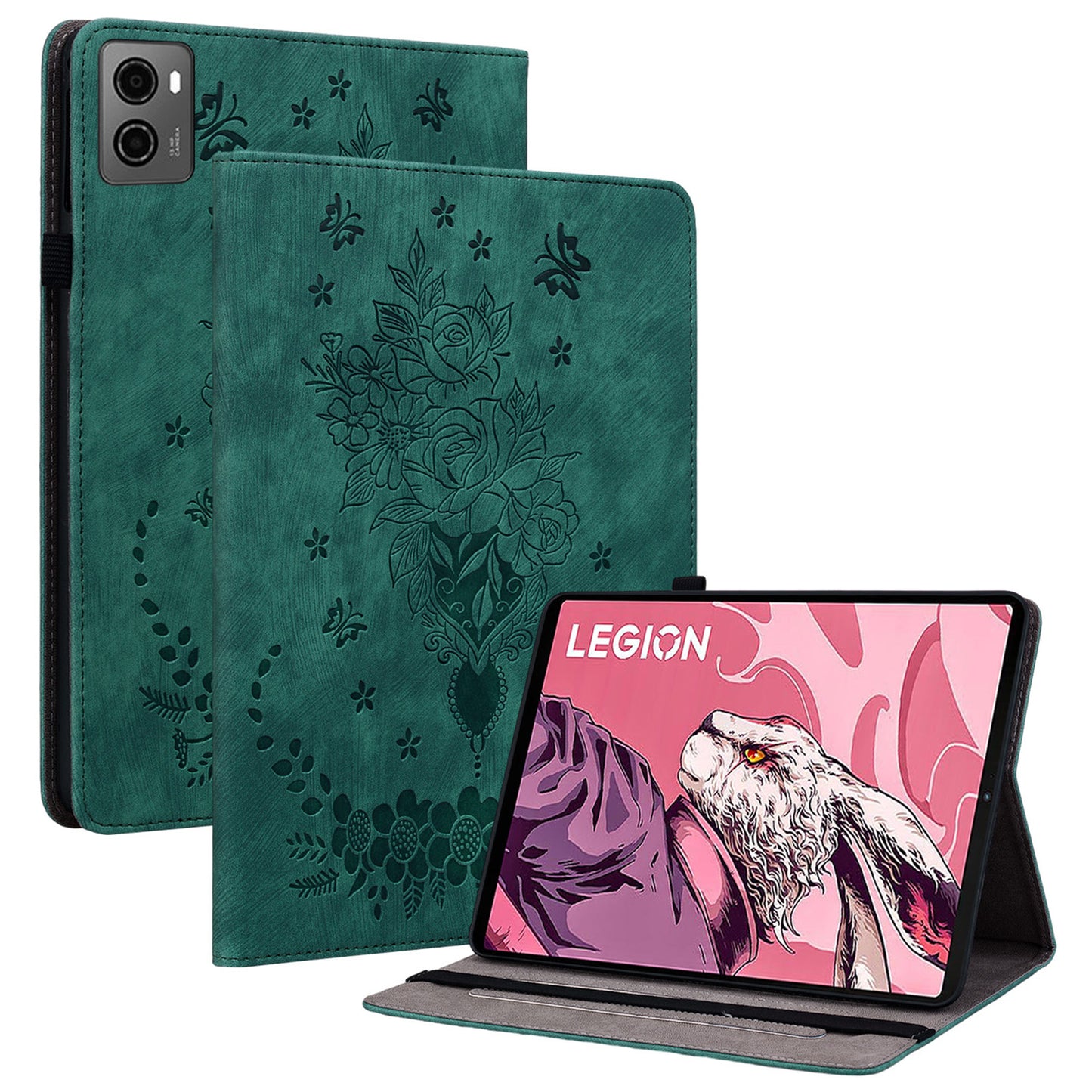 For Lenovo Legion Y700 (2023) Leather Case Butterfly Rose Imprint Card Slots Tablet Cover