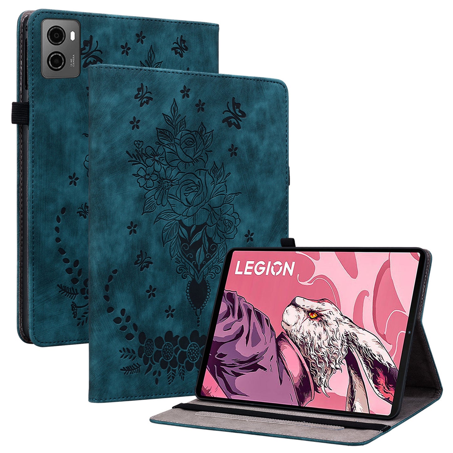 For Lenovo Legion Y700 (2023) Leather Case Butterfly Rose Imprint Card Slots Tablet Cover