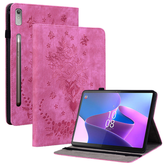 For Lenovo Tab P12 Tablet Cover PU Leather Card Holder Butterfly Rose Imprinted Case
