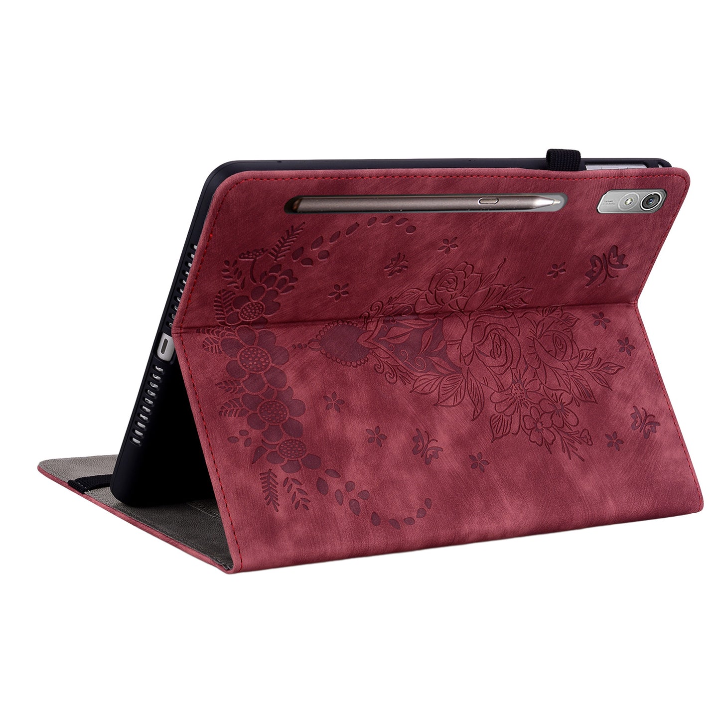 For Lenovo Tab P12 Tablet Cover PU Leather Card Holder Butterfly Rose Imprinted Case
