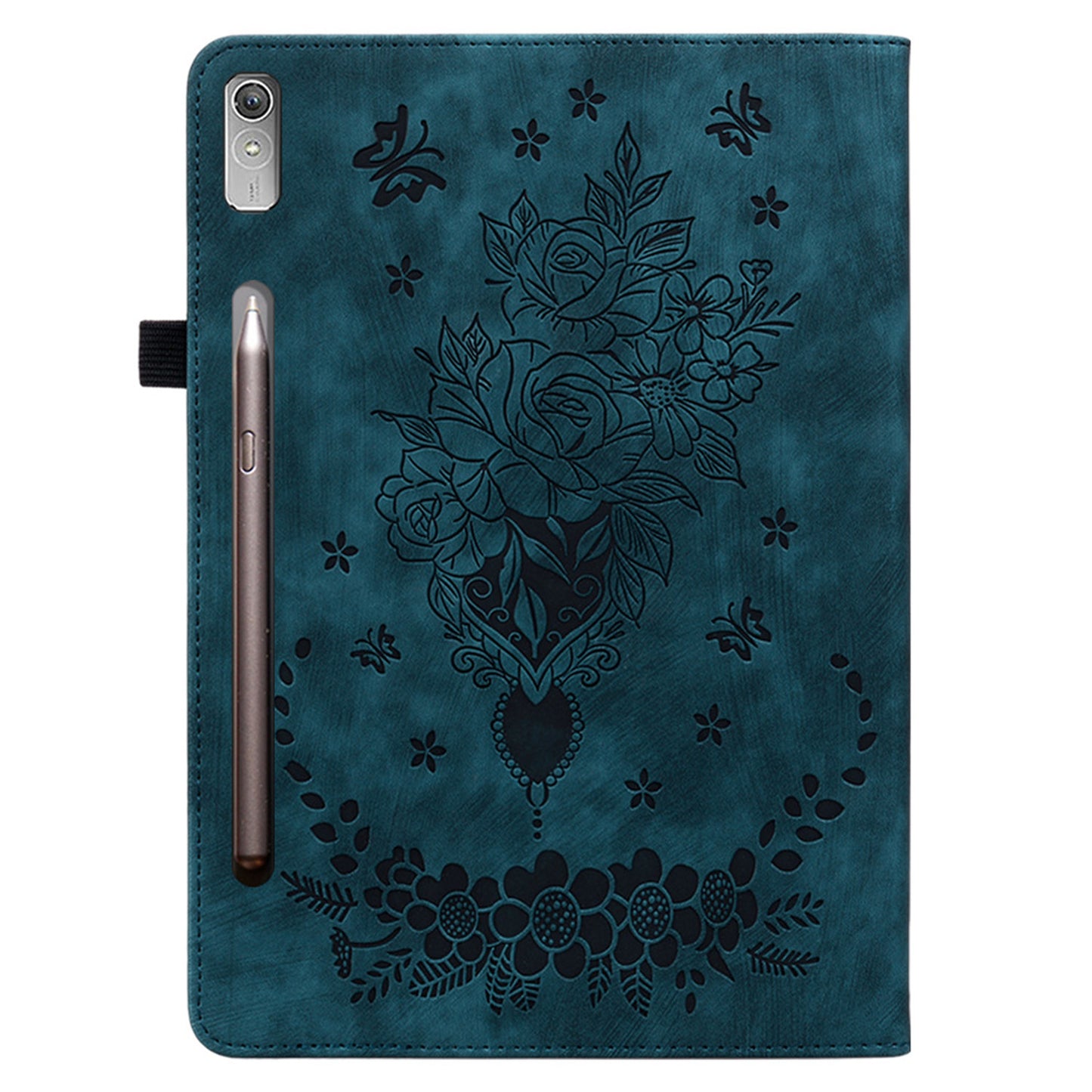 For Lenovo Tab P12 Tablet Cover PU Leather Card Holder Butterfly Rose Imprinted Case