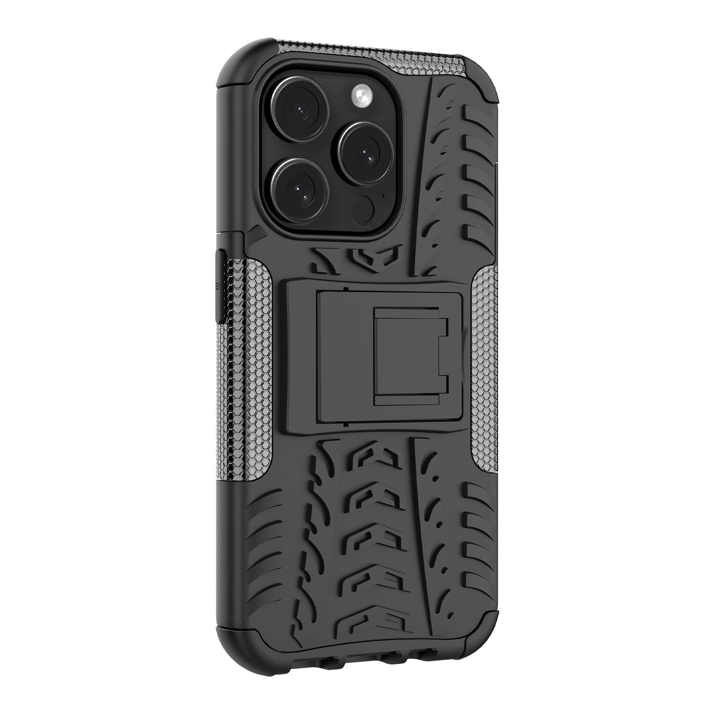 For iPhone 15 Pro PC+TPU Phone Case Tire Texture Anti-Slip Kickstand Cover