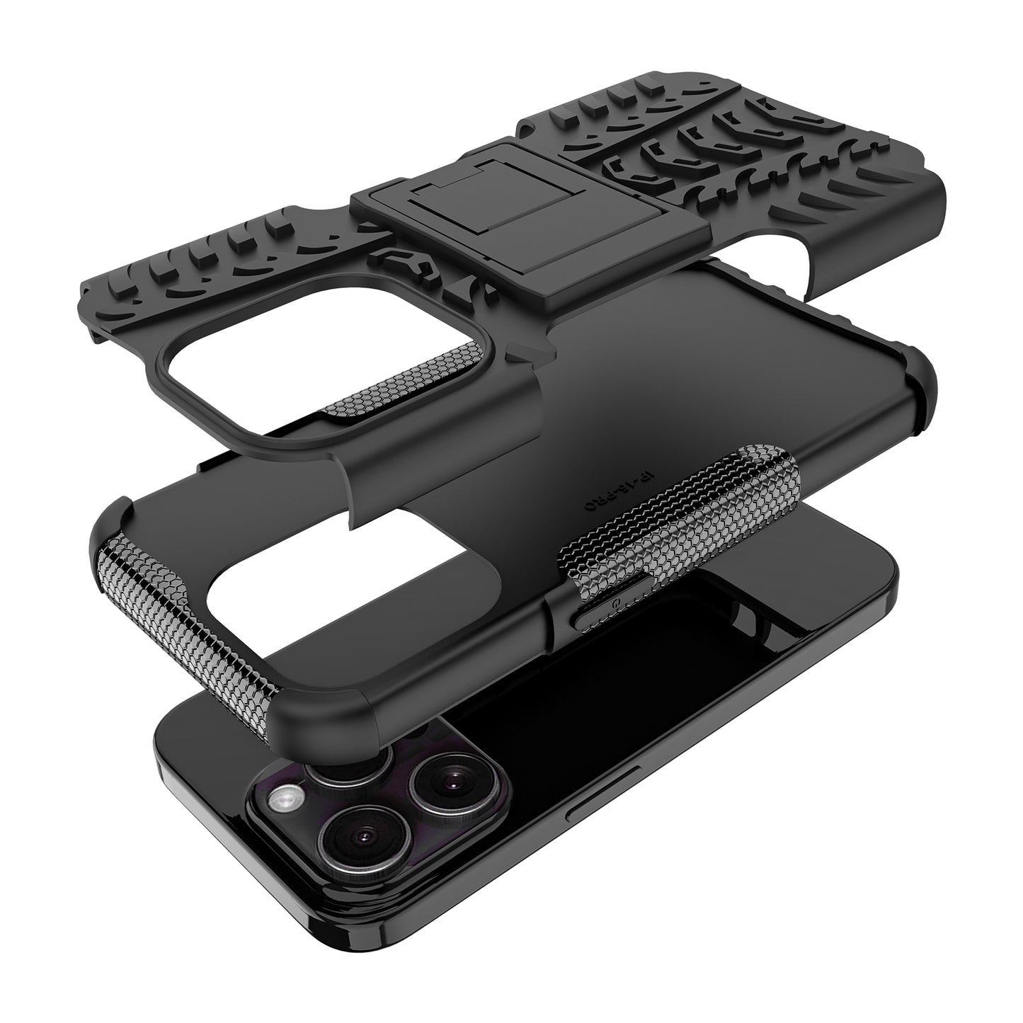 For iPhone 15 Pro PC+TPU Phone Case Tire Texture Anti-Slip Kickstand Cover