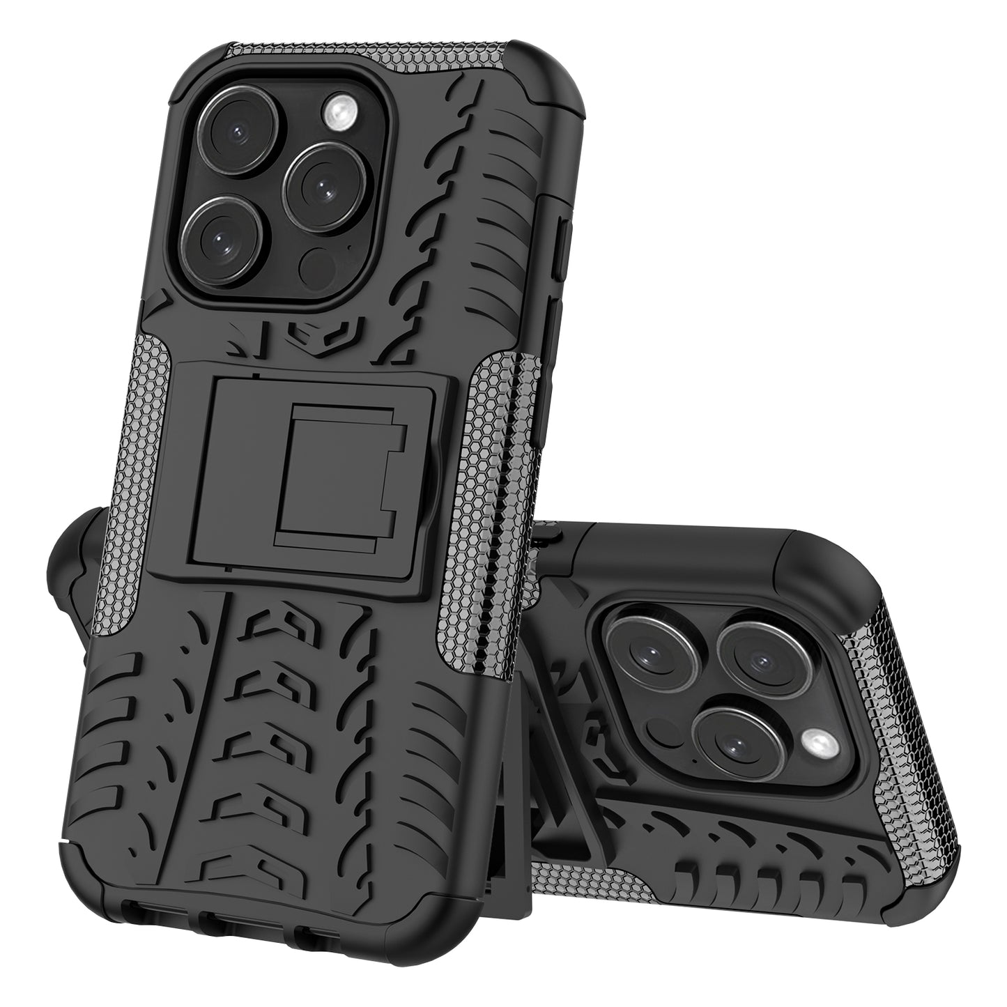 For iPhone 15 Pro PC+TPU Phone Case Tire Texture Anti-Slip Kickstand Cover