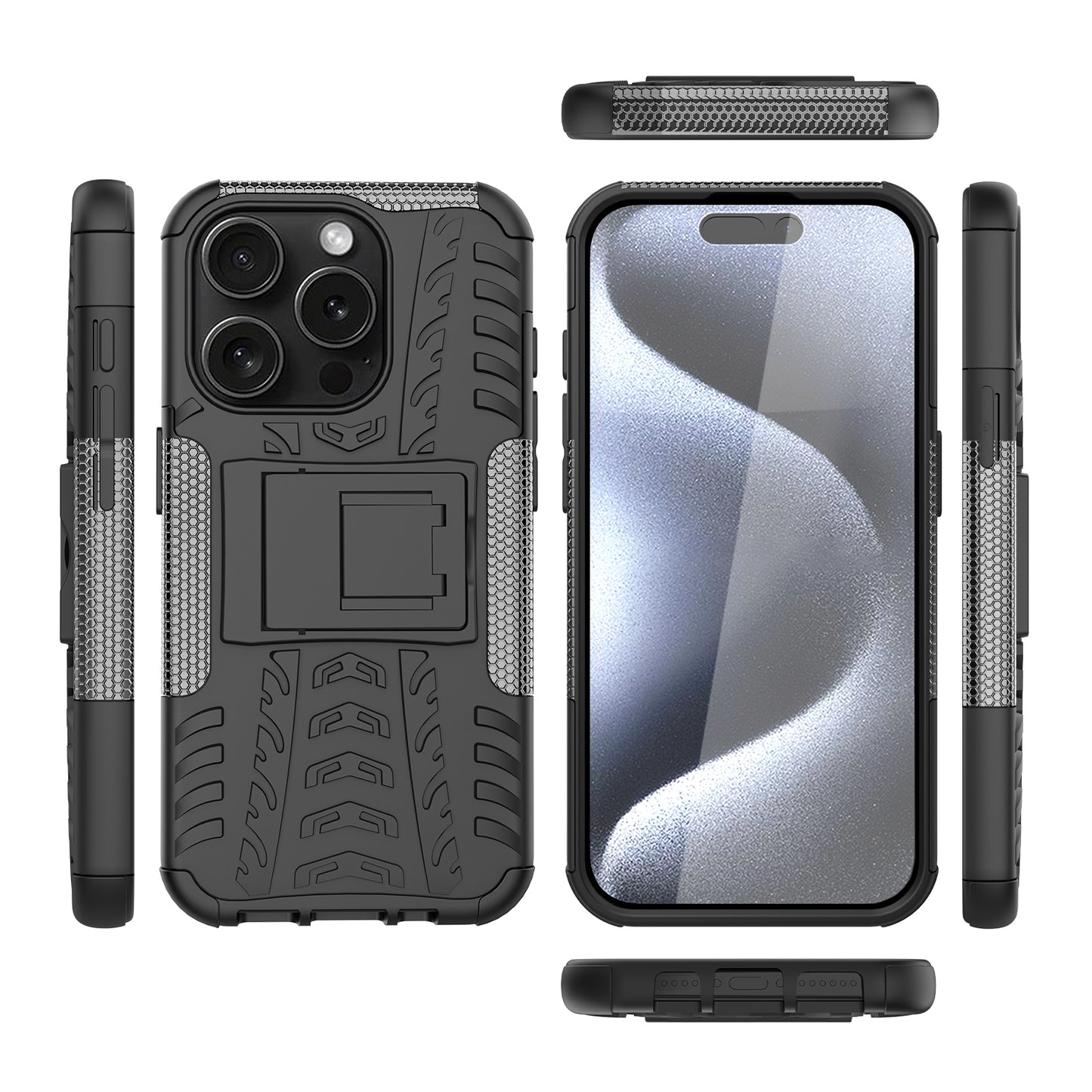 For iPhone 15 Pro PC+TPU Phone Case Tire Texture Anti-Slip Kickstand Cover
