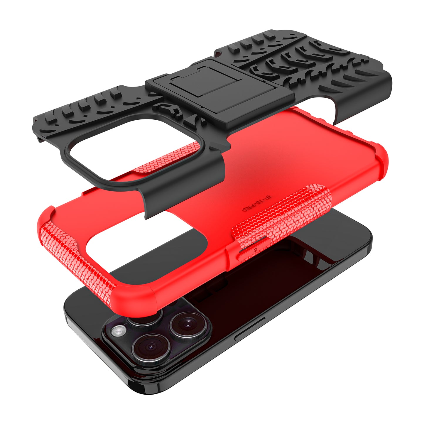 For iPhone 15 Pro PC+TPU Phone Case Tire Texture Anti-Slip Kickstand Cover