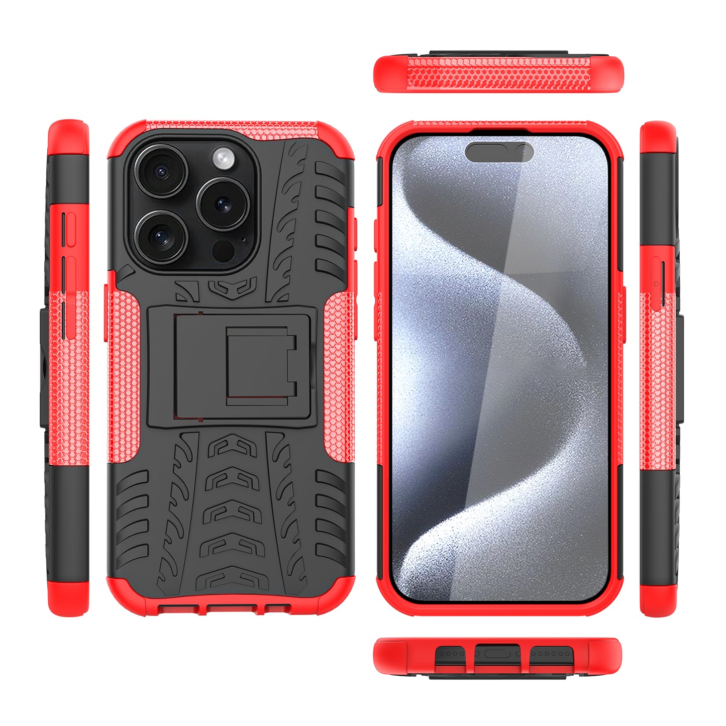 For iPhone 15 Pro PC+TPU Phone Case Tire Texture Anti-Slip Kickstand Cover