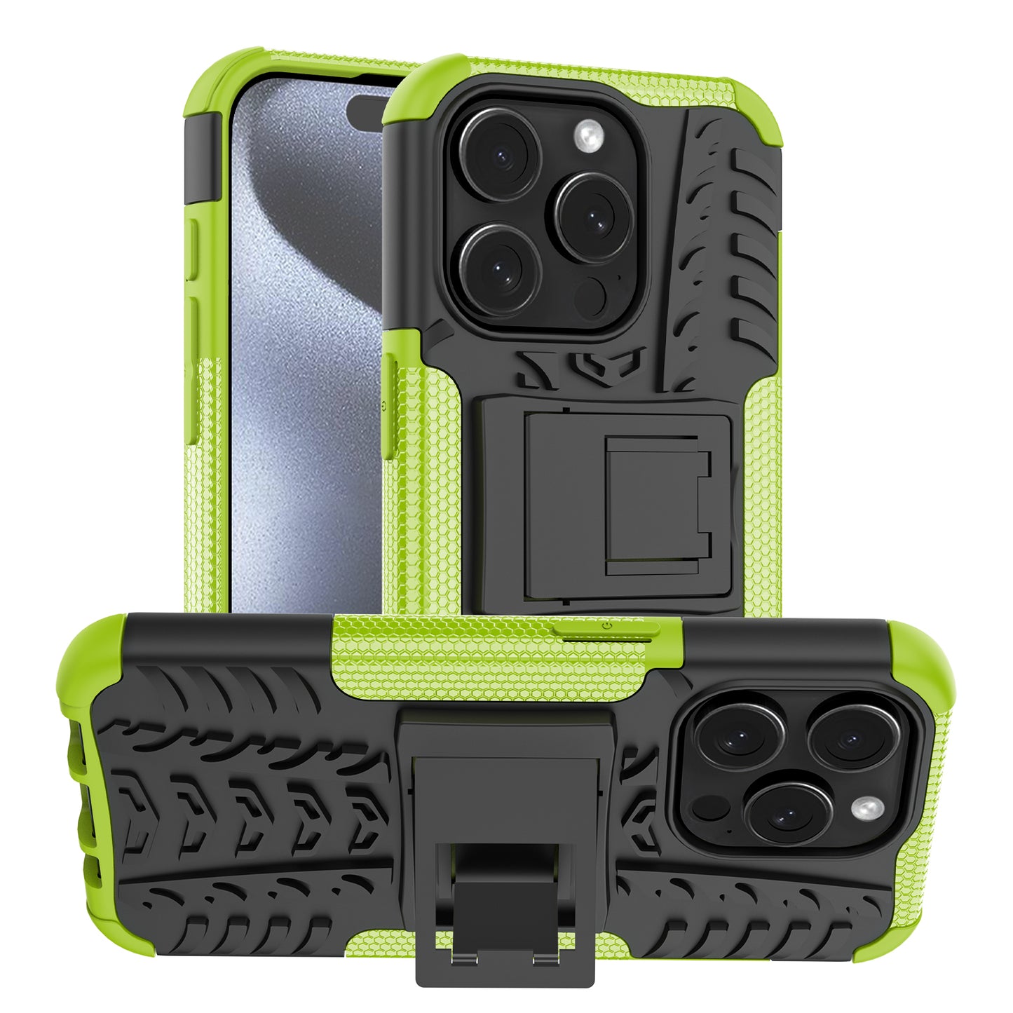 For iPhone 15 Pro PC+TPU Phone Case Tire Texture Anti-Slip Kickstand Cover
