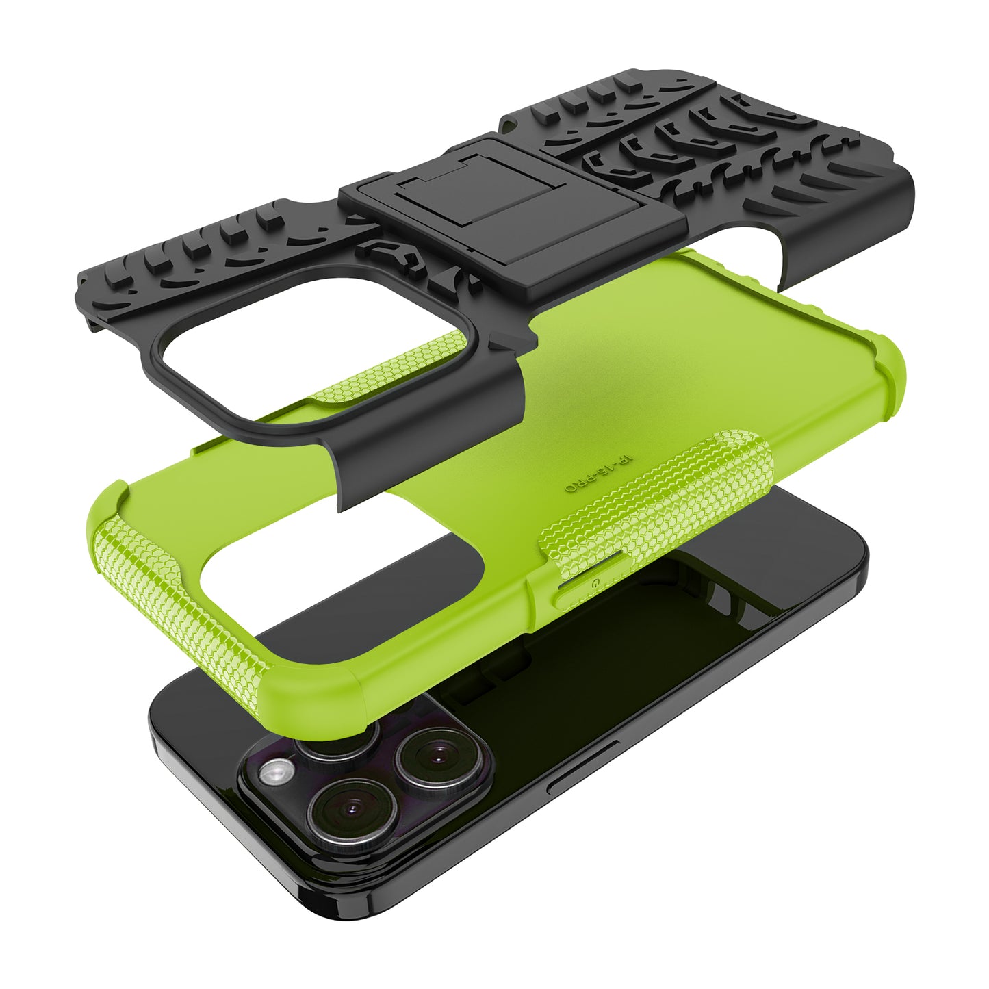 For iPhone 15 Pro PC+TPU Phone Case Tire Texture Anti-Slip Kickstand Cover