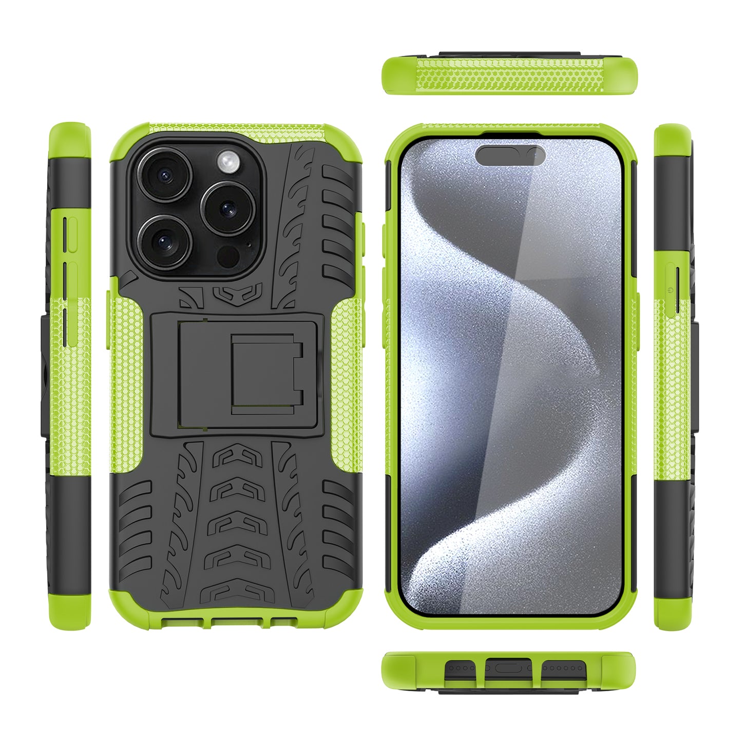 For iPhone 15 Pro PC+TPU Phone Case Tire Texture Anti-Slip Kickstand Cover