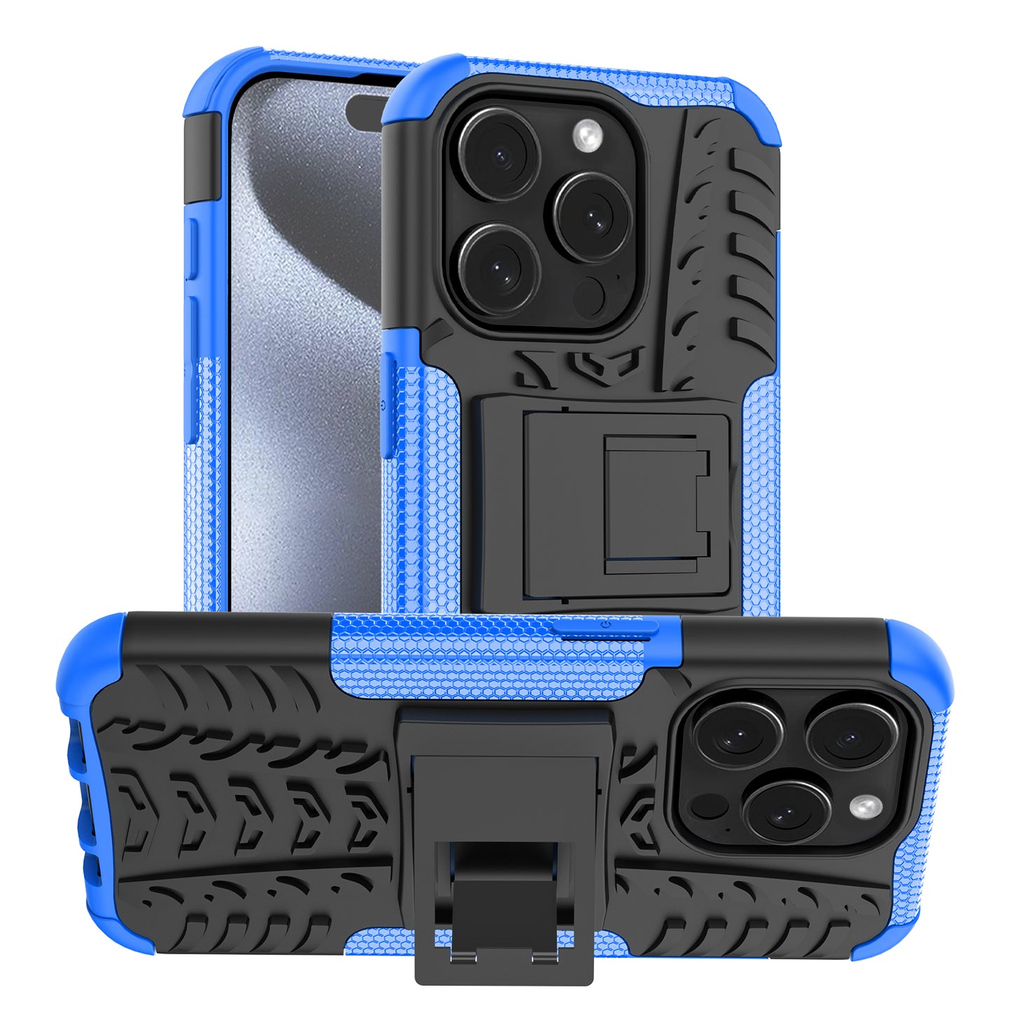 For iPhone 15 Pro PC+TPU Phone Case Tire Texture Anti-Slip Kickstand Cover
