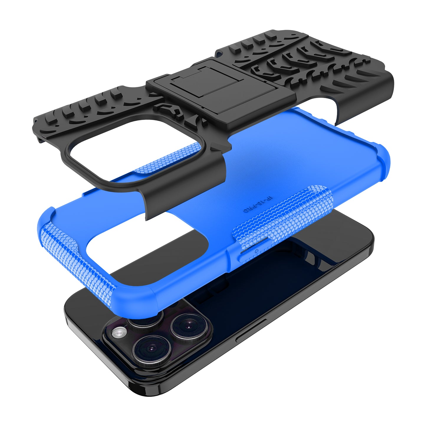 For iPhone 15 Pro PC+TPU Phone Case Tire Texture Anti-Slip Kickstand Cover
