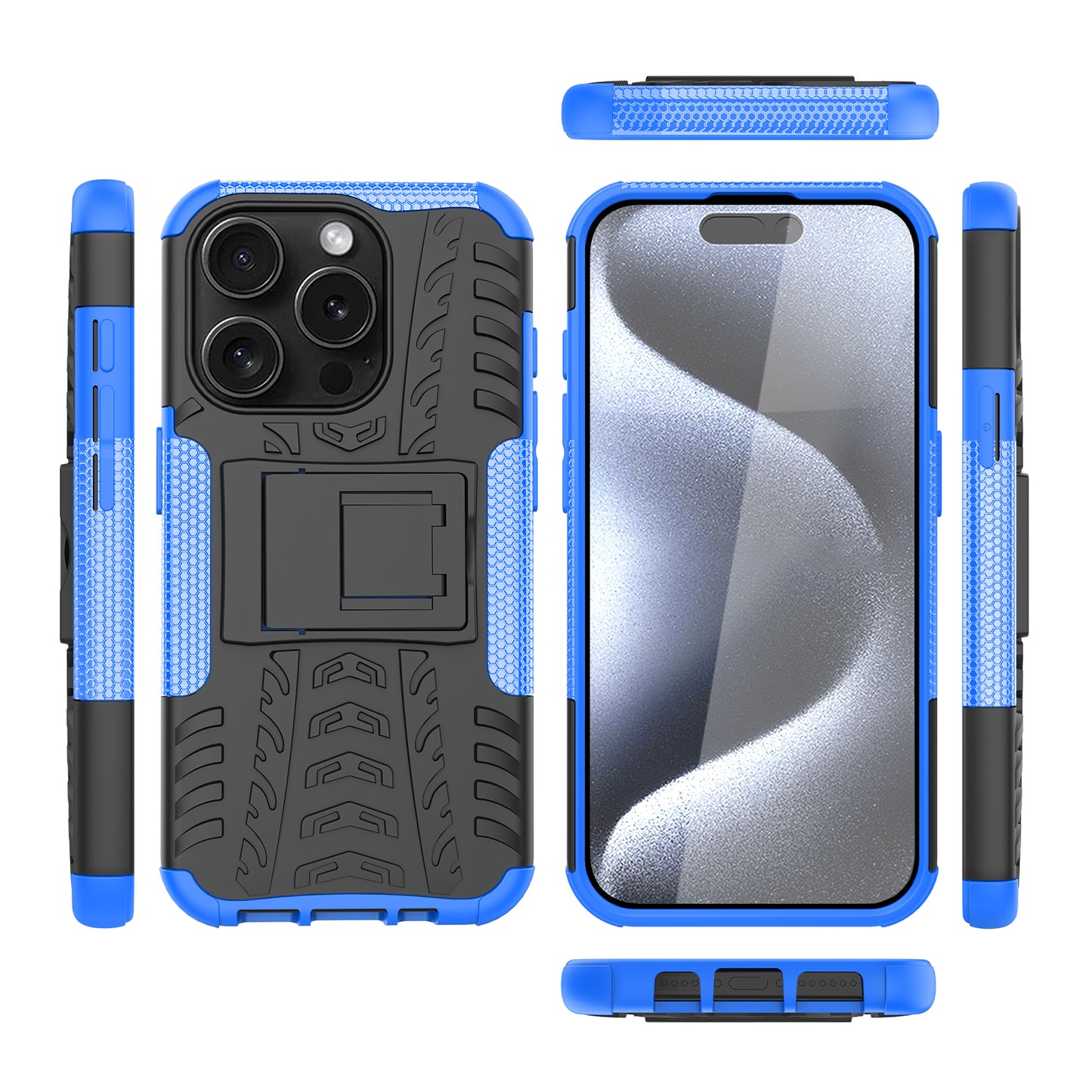 For iPhone 15 Pro PC+TPU Phone Case Tire Texture Anti-Slip Kickstand Cover