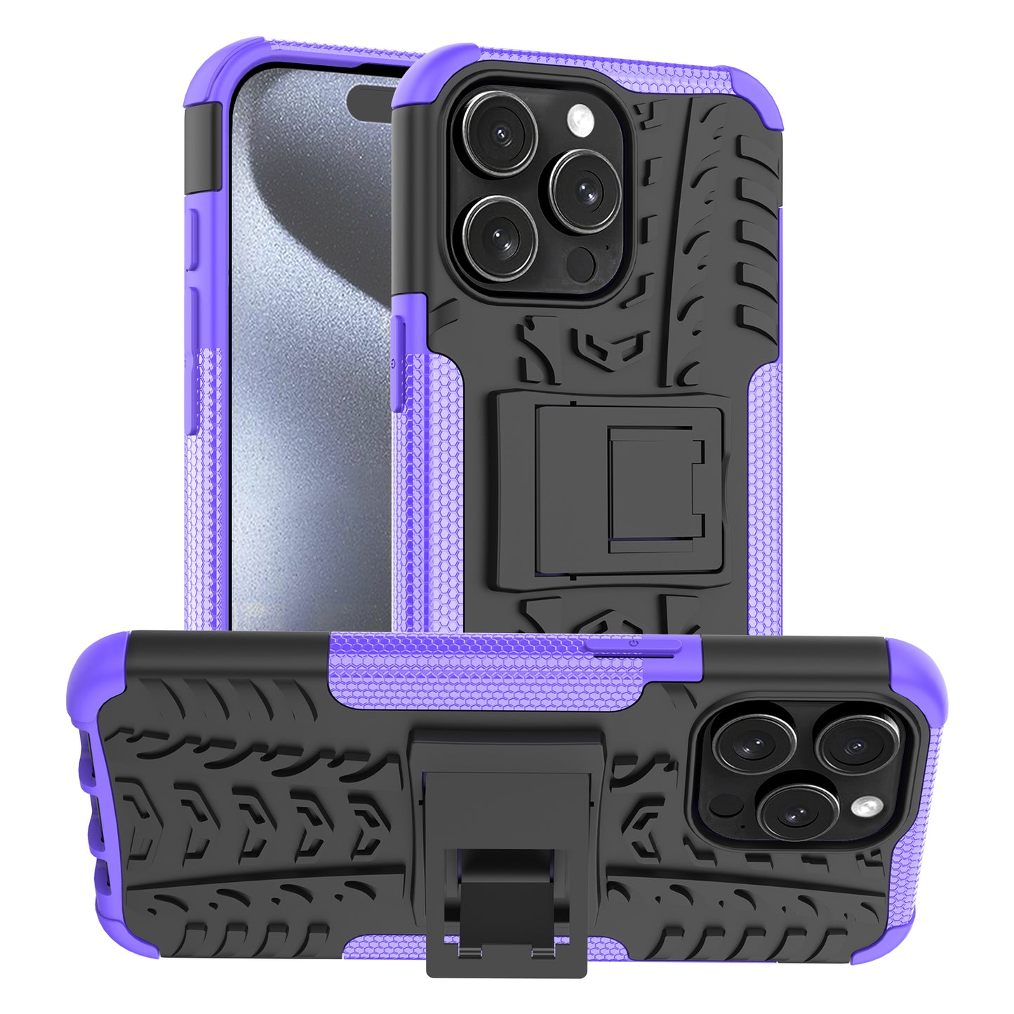 For iPhone 15 Pro PC+TPU Phone Case Tire Texture Anti-Slip Kickstand Cover