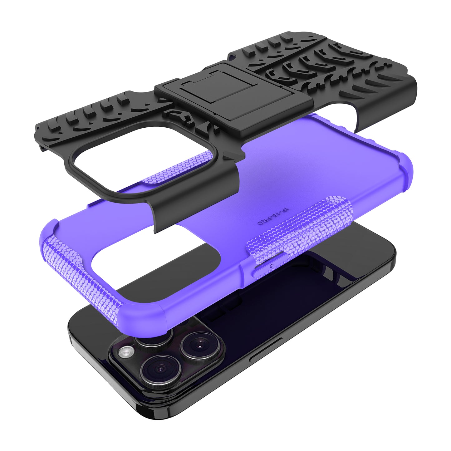 For iPhone 15 Pro PC+TPU Phone Case Tire Texture Anti-Slip Kickstand Cover