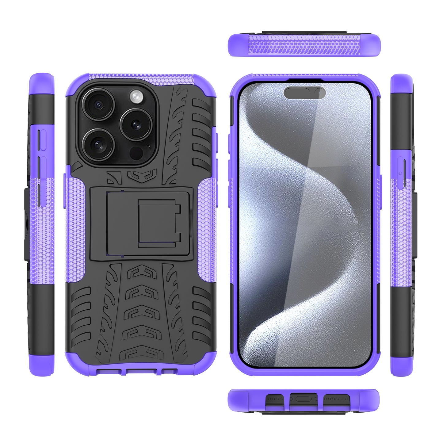 For iPhone 15 Pro PC+TPU Phone Case Tire Texture Anti-Slip Kickstand Cover